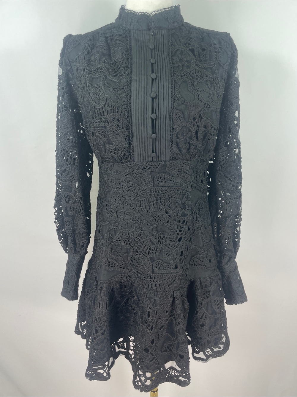 NWT Bardot Remy Embroidered Lace Mini Dress Size 4 Black High Neck Pleated Bib
